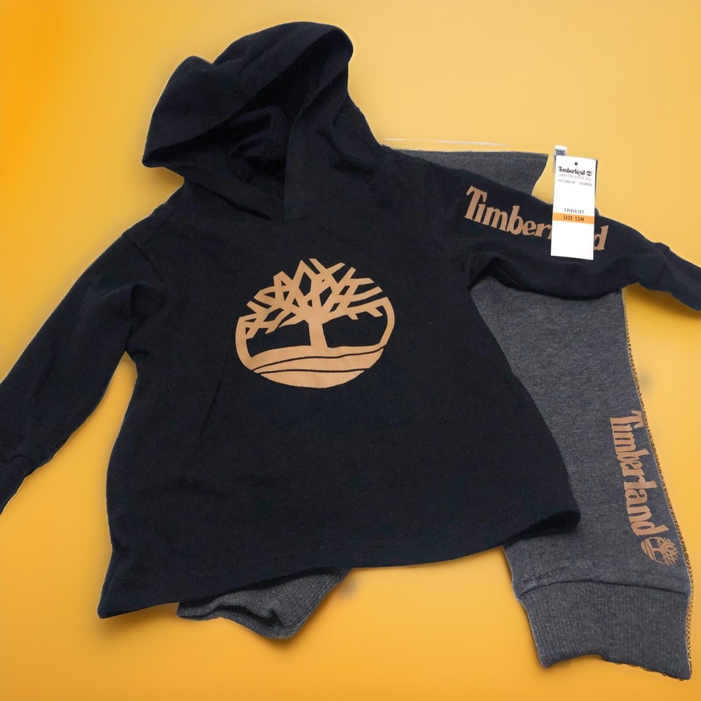 Timberland‎ Logo Long Sleeve T-Shirt & SWEAT PANTS Boys Sz 12 M ) Black & Gray